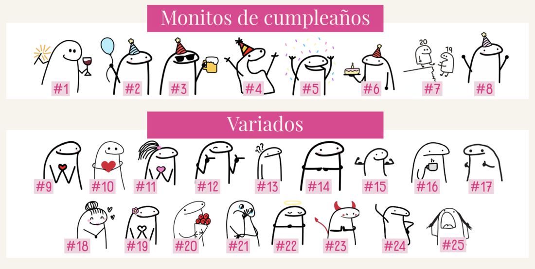 Catálogo de 25 monitos Flork numerados para pasteles personalizados en Aguascalientes